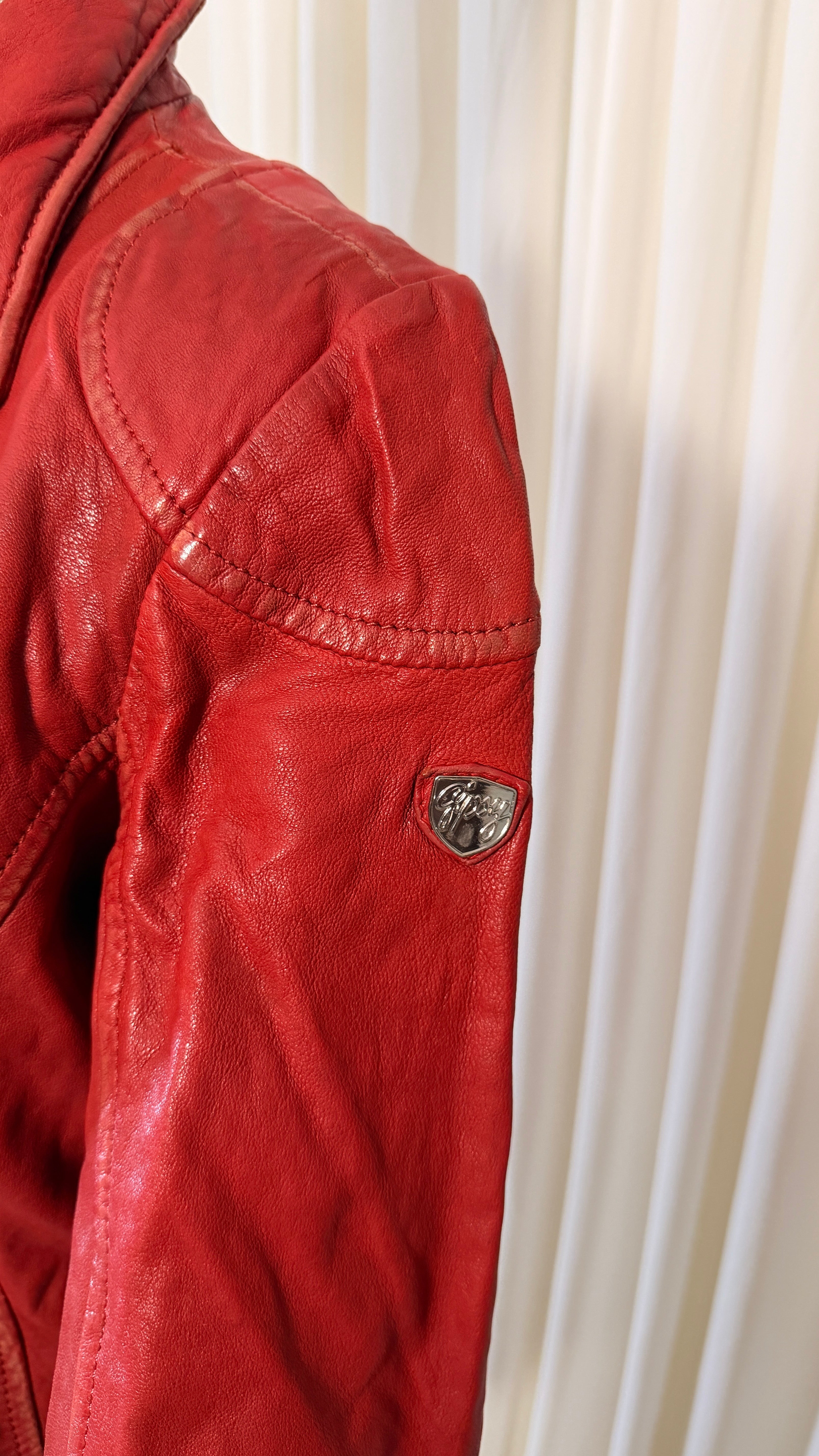 Blouson de motard en cuir rouge [L]