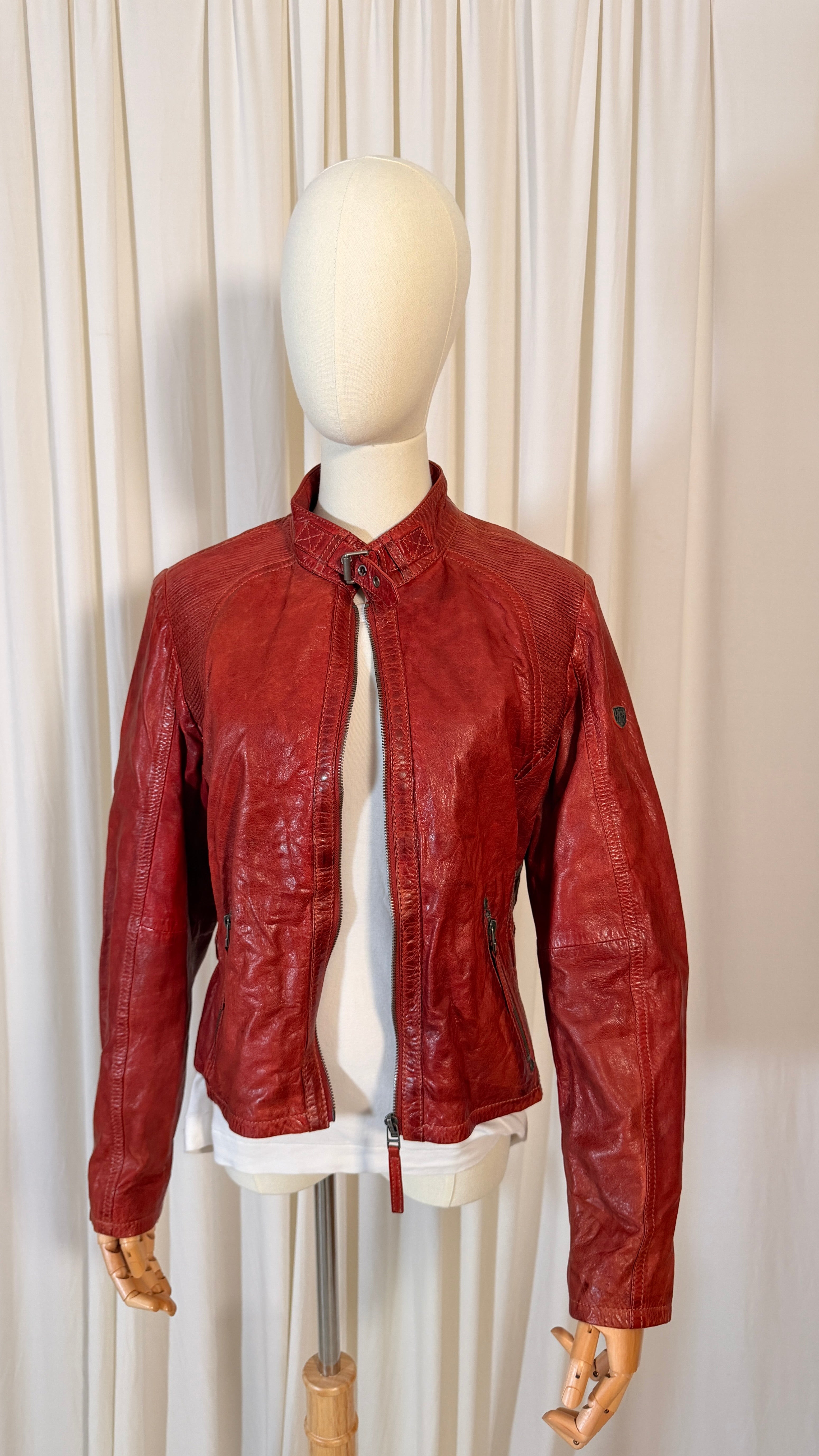 Blouson de moto en cuir rouge [XL]