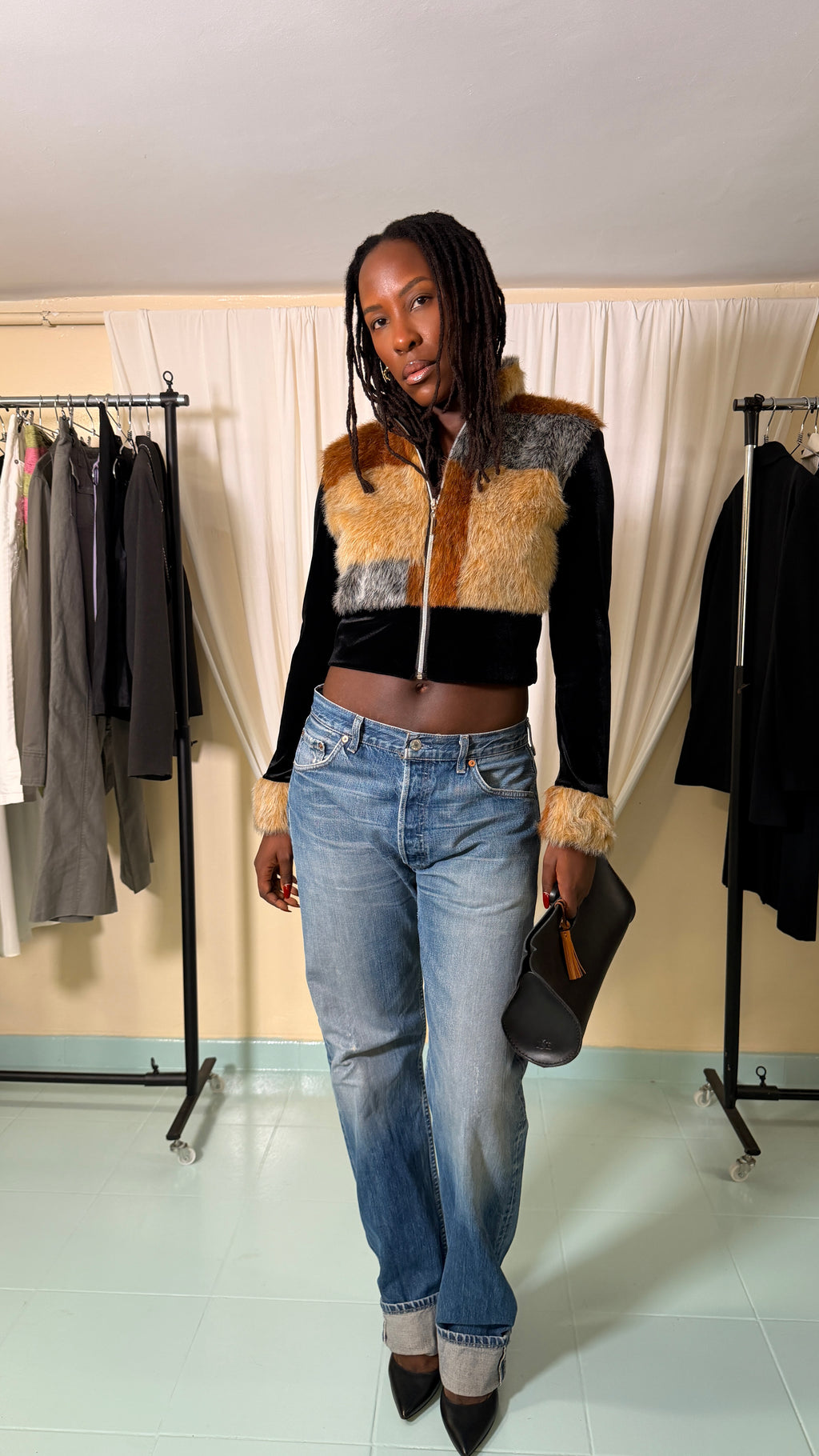Lissa Paris Black faux Fur Zip up [S]