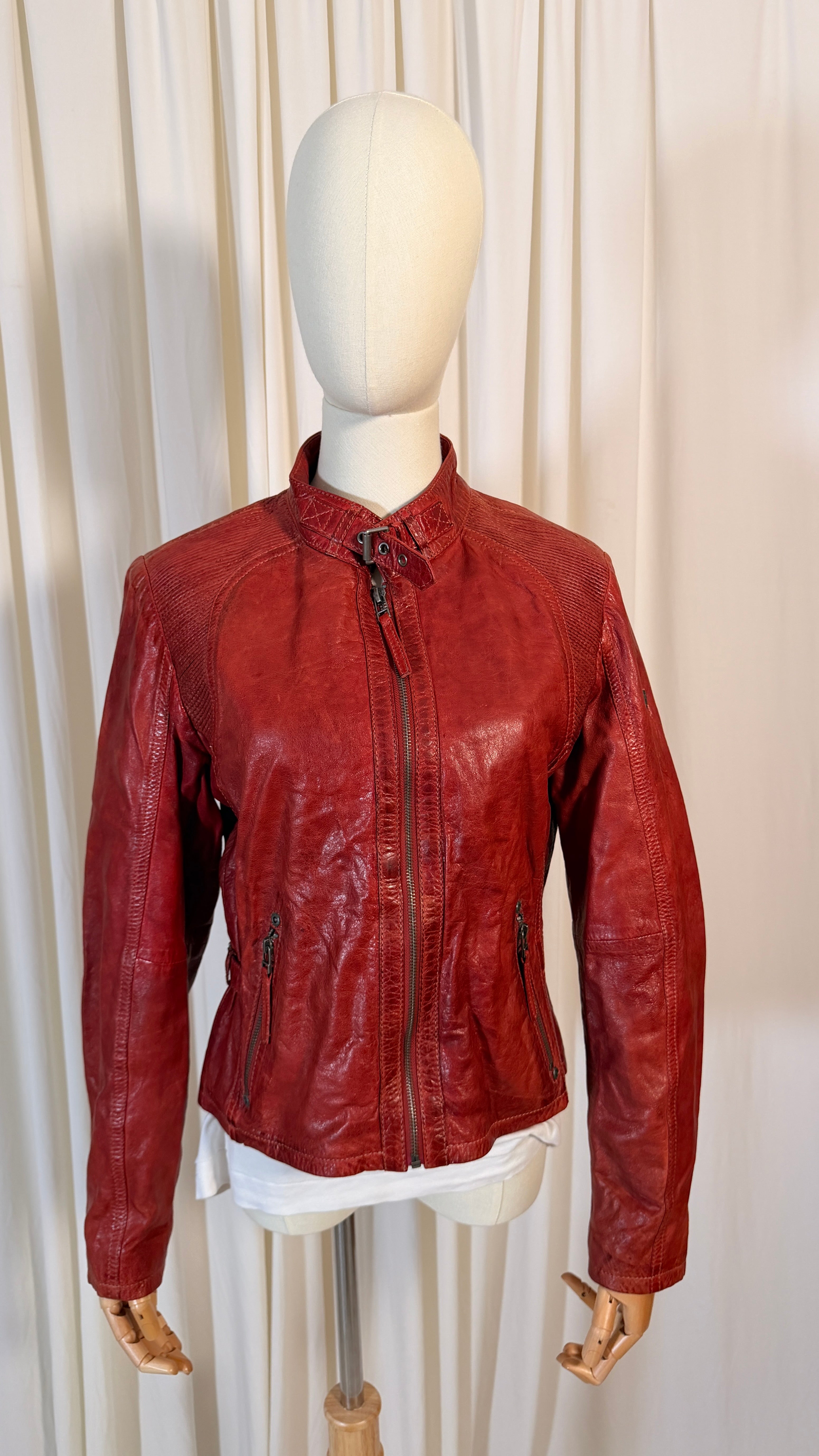 Blouson de moto en cuir rouge [XL]
