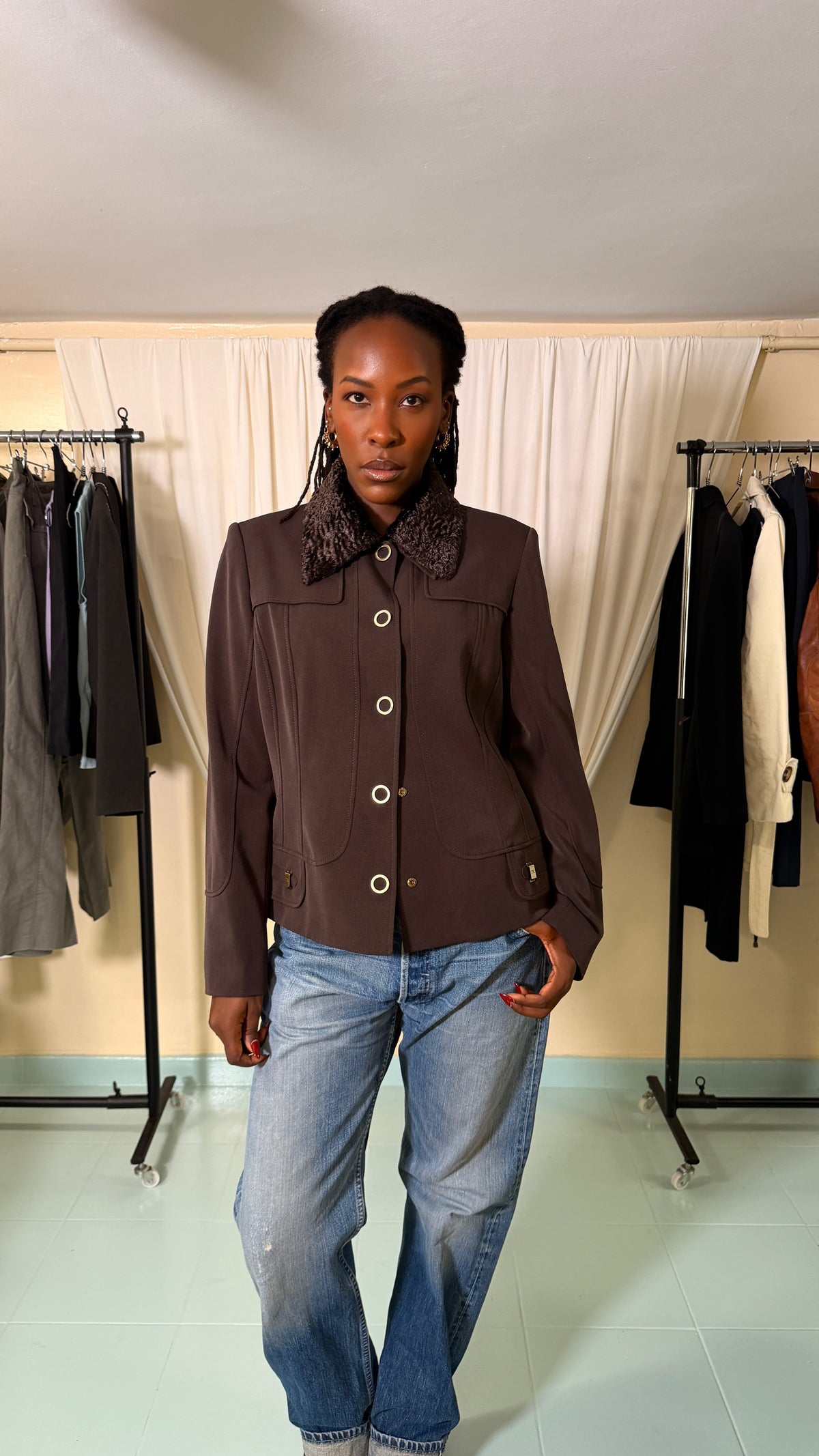 Vintage Brown Jacket with Faux Fur collar [L]