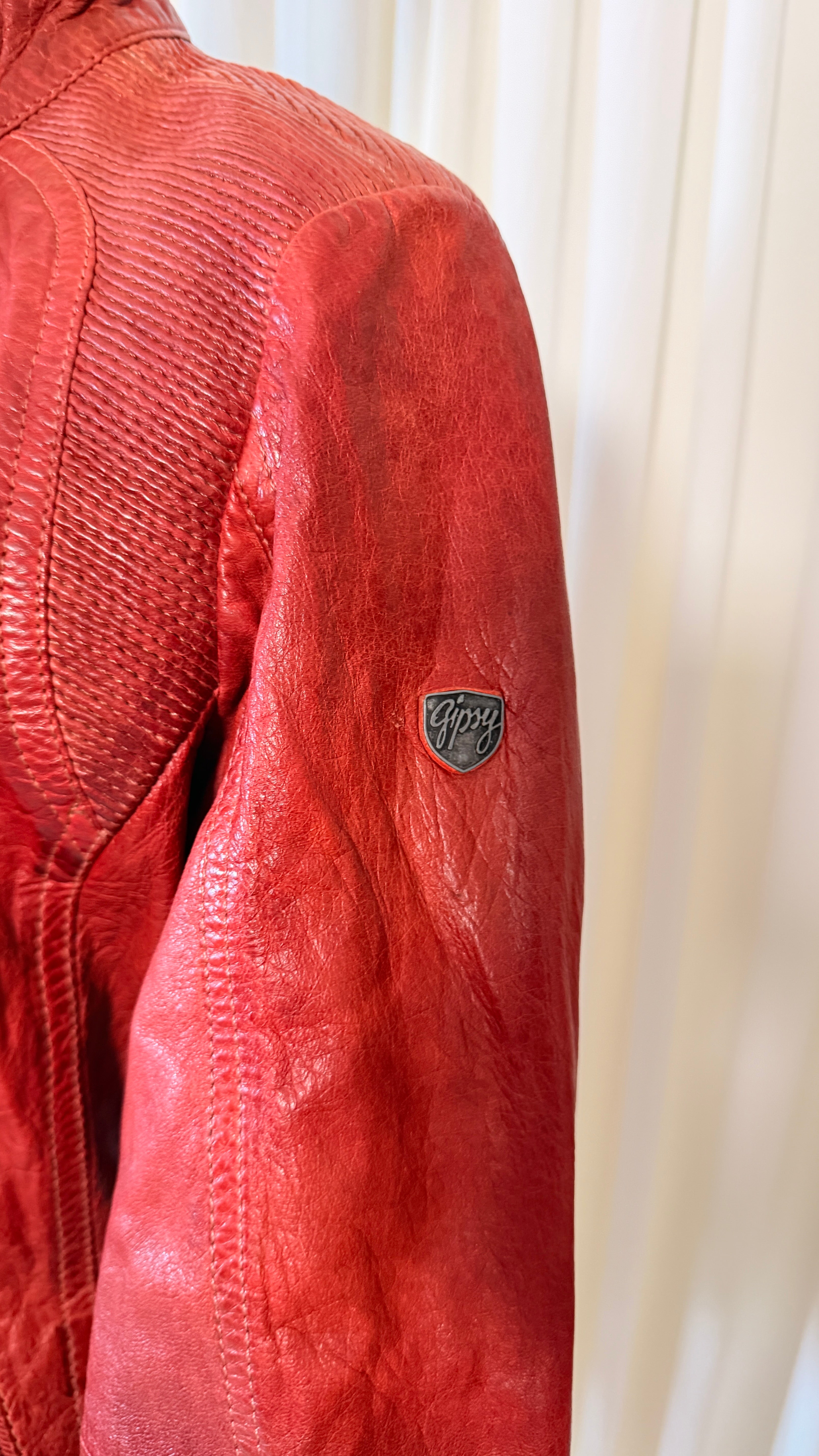 Blouson de moto en cuir rouge [XL]