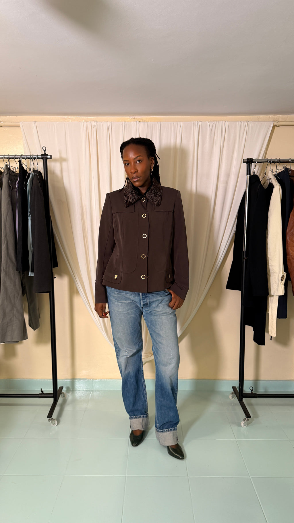 Vintage Brown Jacket with Faux Fur collar [L]