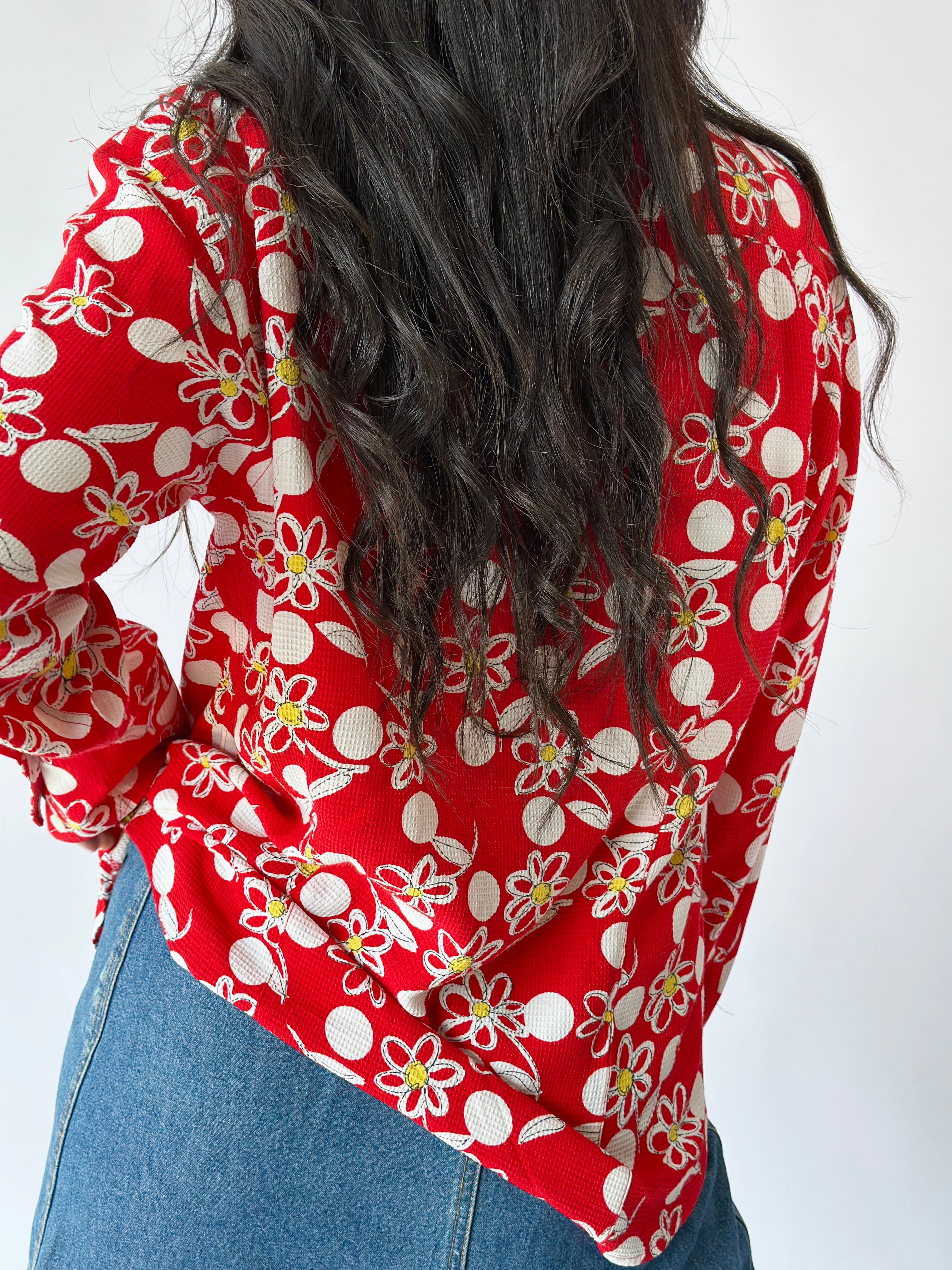 70s Red Flower Shirt [S/M]